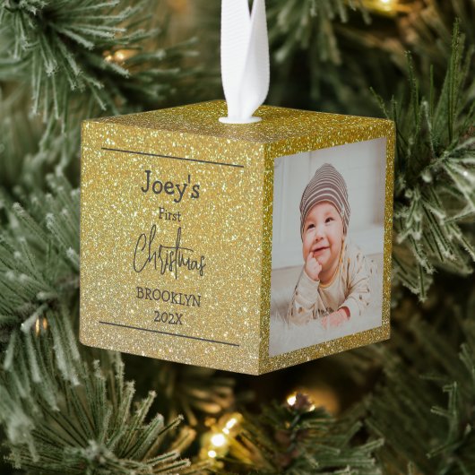 Gold Glitter baby eerste kerstdrie foto Kubus Ornament (Boom)