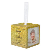 Gold Glitter baby eerste kerstdrie foto Kubus Ornament (Voorkant hoekig)