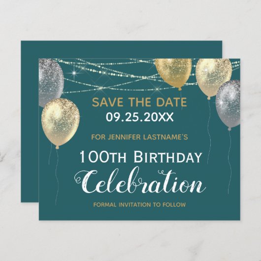 Gold Glitter Balloons 100e verjaardag Save the Dat (Voorkant / Achterkant)
