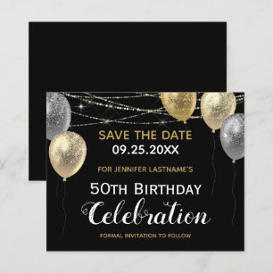 Gold Glitter Balloons 50th Birthday Save the Date
