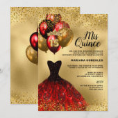 Gold Glitter Balloons Burgundy Dress Quinceanera Kaart (Voorkant / Achterkant)