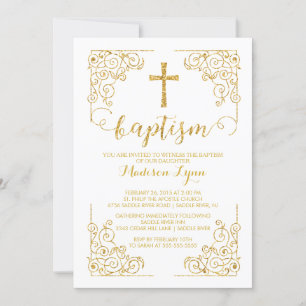 Gold Glitter Baptism Christening Cross Uitnodiging