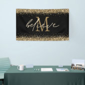 Gold Glitter Believe Script Monogram Initiaal zwar Spandoek (Beurs)