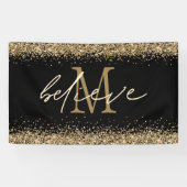 Gold Glitter Believe Script Monogram Initiaal zwar Spandoek (Horizontaal)