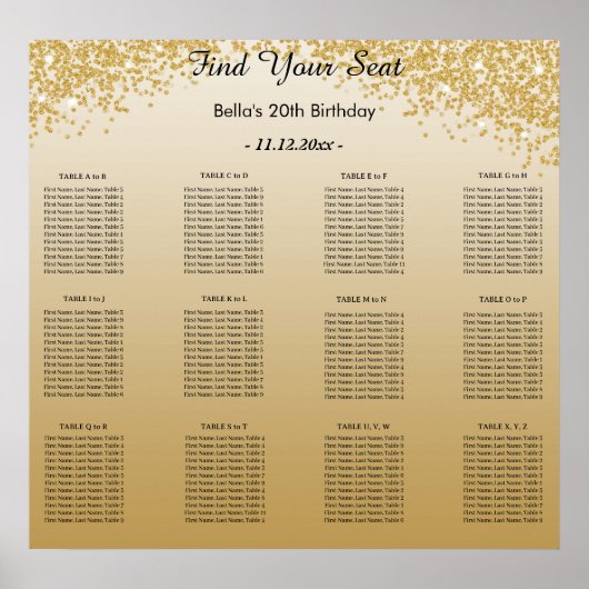 Gold Glitter Birthday Alphabetic Seating Plan Poster (Voorkant)