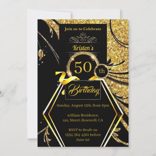 Gold Glitter Birthday Invitation Kaart (Voorkant)
