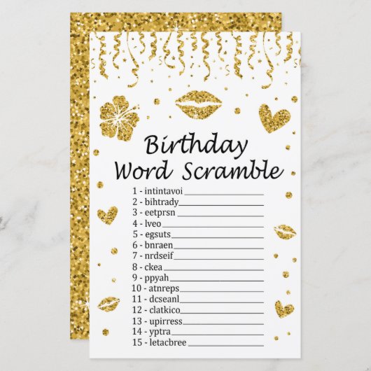 Gold glitter Birthday Word Scramble Game (Voorkant / Achterkant)