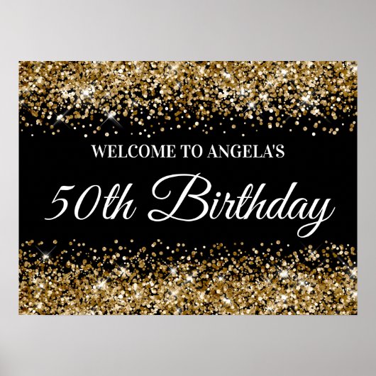 Gold Glitter Black 50th Birthday Welkom Poster (Voorkant)