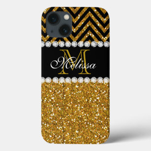 Gold Glitter Black Chevron Monogrammed iPhone 13 Hoesje