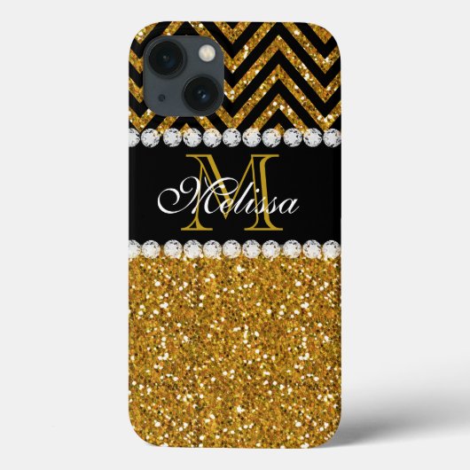 Gold Glitter Black Chevron Monogrammed Case-Mate iPhone Case (Achterkant)