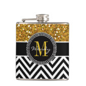 Gold Glitter Black Chevron Pattern Monogram Heupfles (Voorkant)