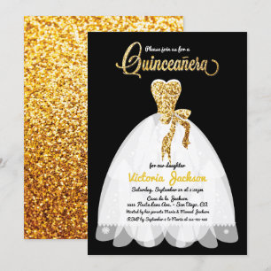 Gold Glitter black en whit Quinceañera Kaart