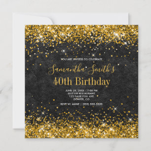 Gold Glitter Black Leather 40th Birthday Kaart