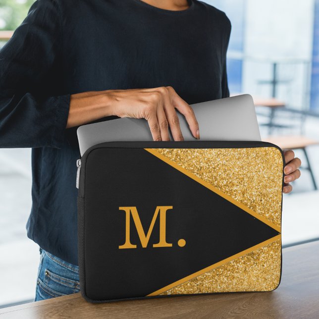 Gold Glitter Black Monogram Laptop Sleeve (Creator heeft geüpload)