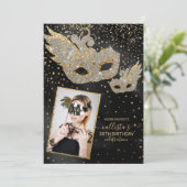 Gold Glitter Black Silk Masquerade Birthday Foto Kaart (Staand voorkant)