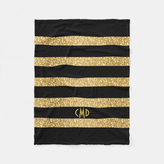 Gold Glitter Black Stripes Monogram Fleece Deken (Voorkant)