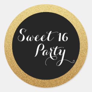 Gold Glitter Black Sweet 16 Favor Seal Sticker