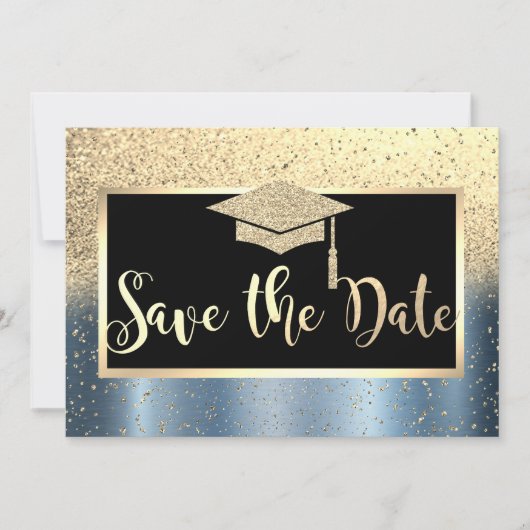 Gold Glitter Blue Afstuderen Save the Date (Voorkant)