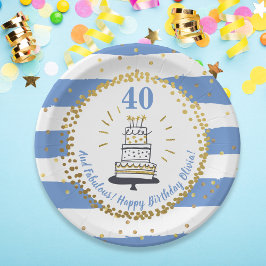 Gold Glitter Blue Stripe any Age Happy Birthday Papieren Bordje