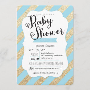 Gold Glitter & Blue Stripes Baby Boy Shower Invite Kaart