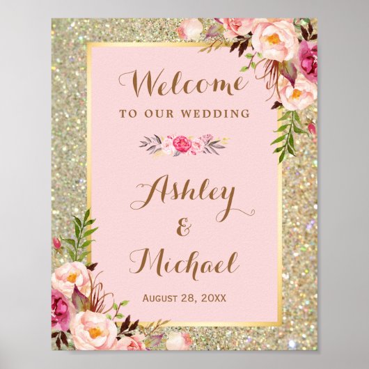 Gold Glitter Blush Pink Floral Weddenschap Poster (Voorkant)