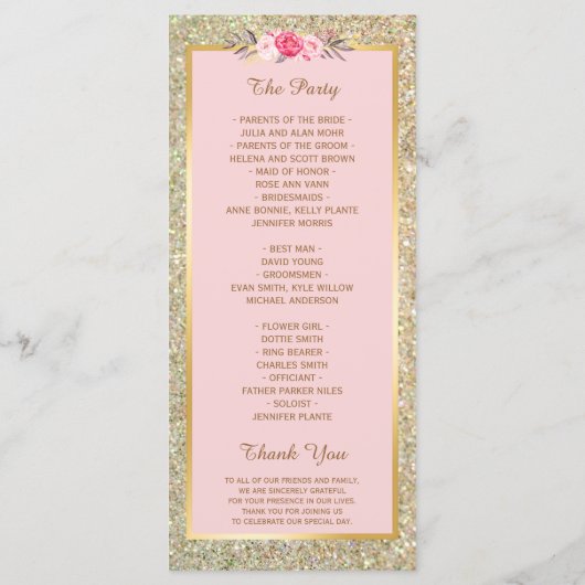 Gold Glitter Blush Pink Floral Wedding Programme Programma (Achterkant)
