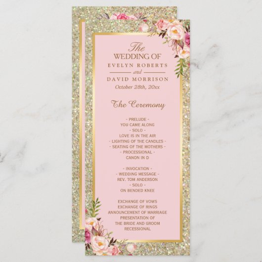 Gold Glitter Blush Pink Floral Wedding Programme Programma (Voorkant / Achterkant)