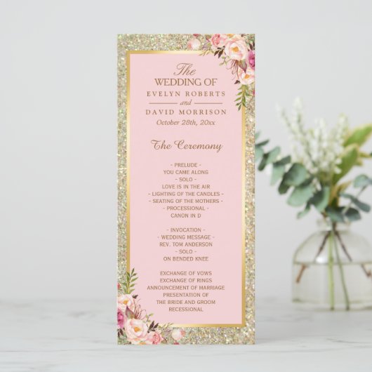 Gold Glitter Blush Pink Floral Wedding Programme Programma (Staand voorkant)