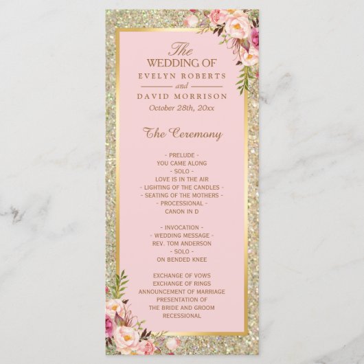 Gold Glitter Blush Pink Floral Wedding Programme Programma (Voorkant)