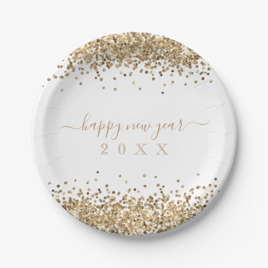 Gold Glitter Borders Script Happy Nieuwjaar Papieren Bordje (Voorkant)