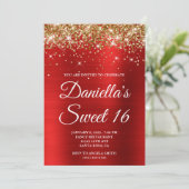 Gold Glitter Bright Red Foil Sweet 16 Kaart (Staand voorkant)