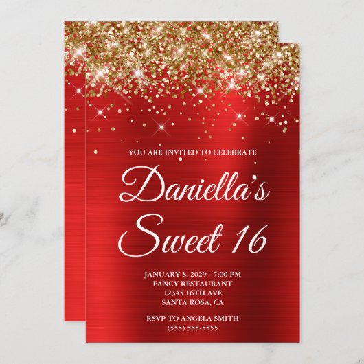 Gold Glitter Bright Red Foil Sweet 16 Kaart (Voorkant / Achterkant)