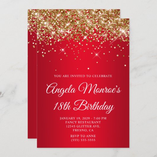 Gold Glitter Bright Red Gradient 18th Birthday Kaart (Voorkant / Achterkant)