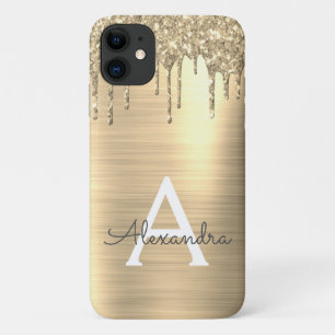 Gold Glitter Brushed Metal Monogram Name iPhone 11 Hoesje