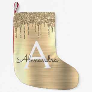 Gold Glitter Brushed Metal Monogram Name Kleine Kerstsok