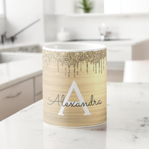 Gold Glitter Brushed Metal Monogram Name Koffiemok