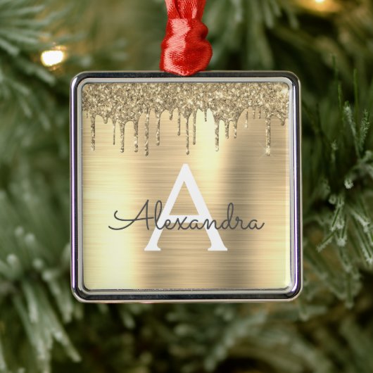 Gold Glitter Brushed Metal Monogram Name Metalen Ornament (Boom)