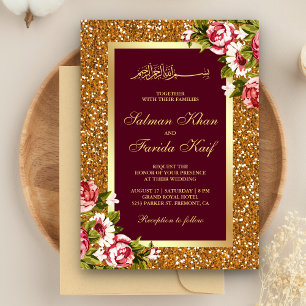 Gold Glitter Burgundy Floral Islamic Wedding Kaart