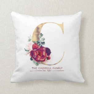Gold Glitter C Monogram Floral Burgundy Red Kussen