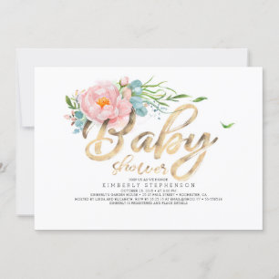 Gold Glitter Calligraphy Pink Floral Baby shower Kaart