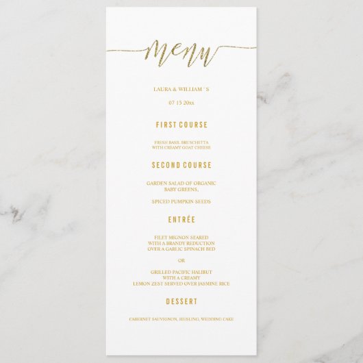 Gold Glitter Calligraphy Wedding Menu Dinner Cards (Voorkant)