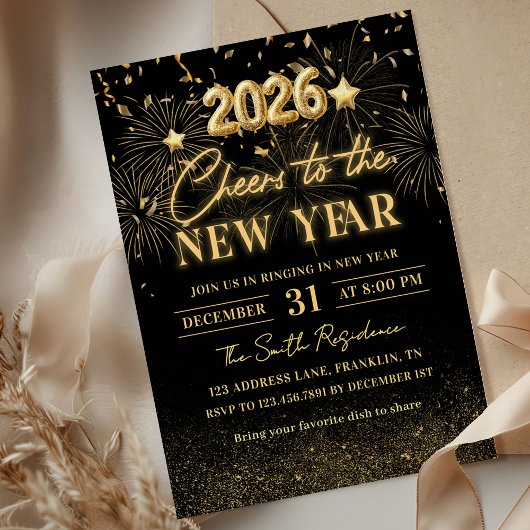 Gold Glitter Cheers to the New Year Invitation