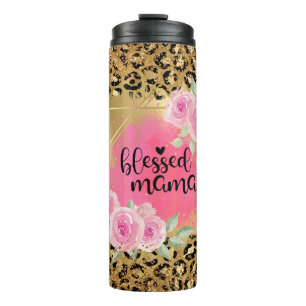 Gold Glitter Cheetah Print Blessed Mama Thermosbeker