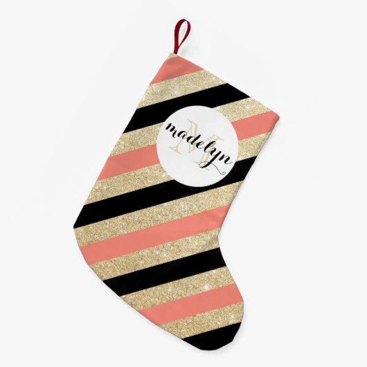 Gold Glitter Chevron Monogram Stocking Kleine Kerstsok (Voorkant (Hangend))