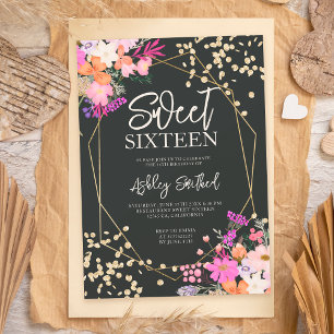 Gold glitter chic floral waterverf foto Sweet 16 Kaart