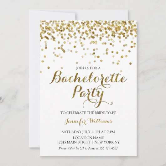 Gold Glitter Confetti Bachelorette Party Invite Kaart (Voorkant)