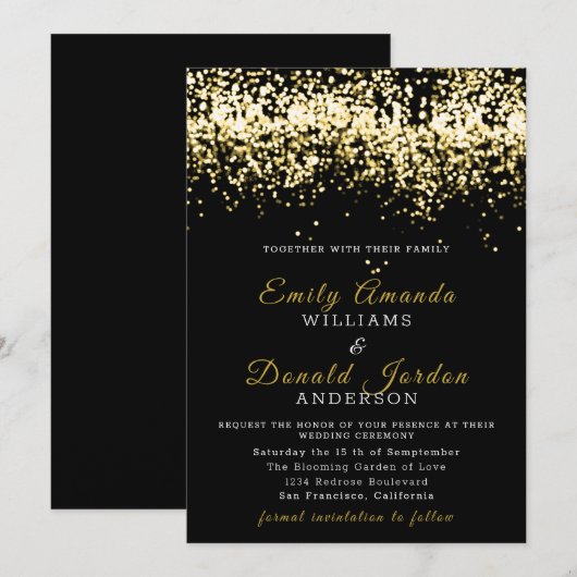 Gold Glitter Confetti Black Wedding Invitation Kaart (Voorkant / Achterkant)