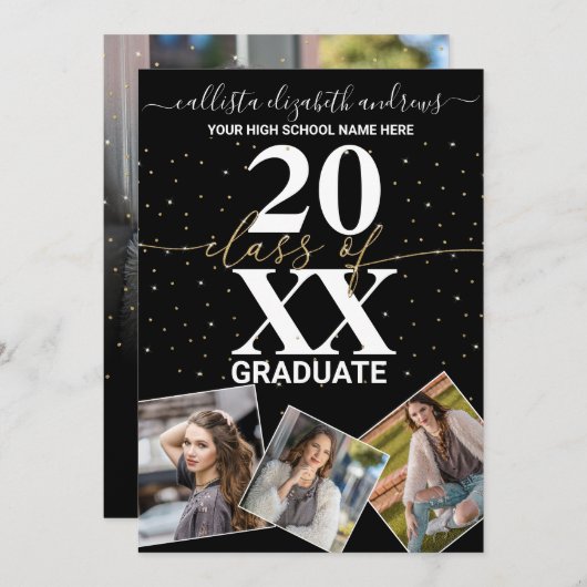 Gold Glitter Confetti Class of Afstuderen Photo Aankondiging (Voorkant / Achterkant)