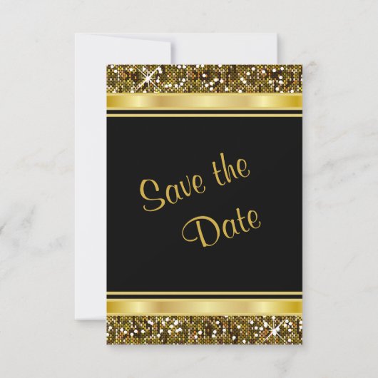 Gold Glitter Confetti en Black Elegance Save The Date (Achterkant)