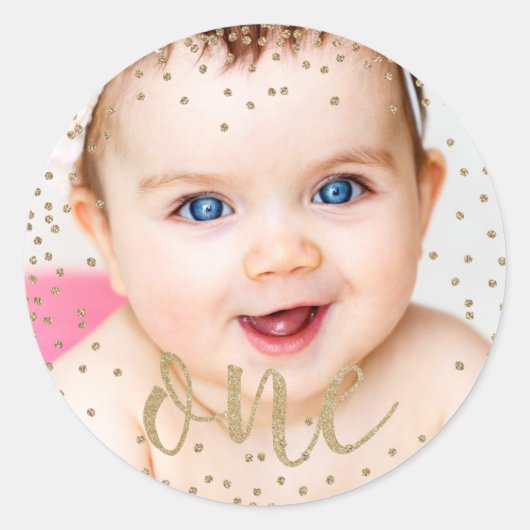 Gold Glitter Confetti First Birthday Sticker (Voorkant)